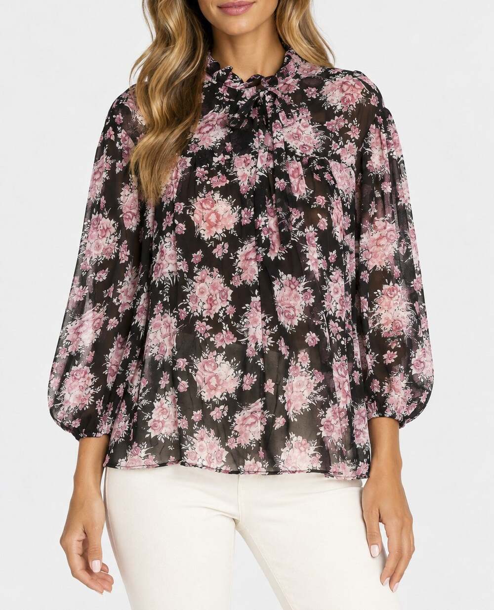 LoveShackFancy Gamela Black Pink Floral Silk Ruffle Tie Neck Blouse Top XS